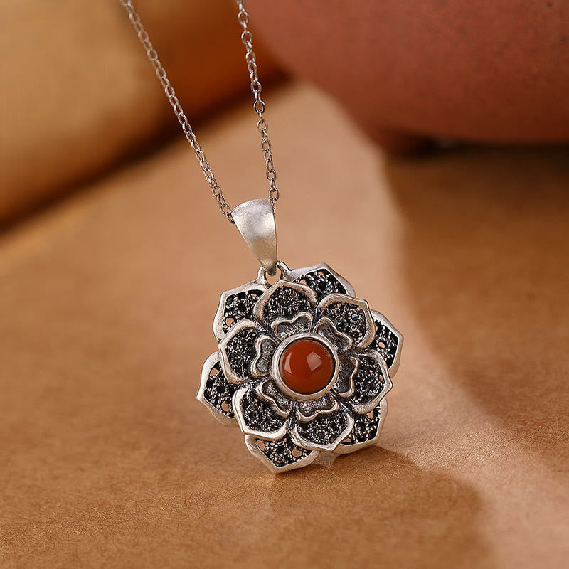 Buddha Stones Tibetan Om Mani Padme Hum Lotus Pattern Red Agate Copper Peace Necklace Pendant