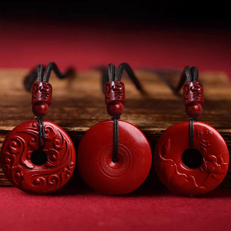 Buddha Stones Natural Cinnabar Lotus Peace Buckle Blessing Necklace String Pendant