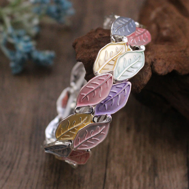 Buddha Stones Colorful Leaves Alloy Luck Elastic Bracelet Bangle