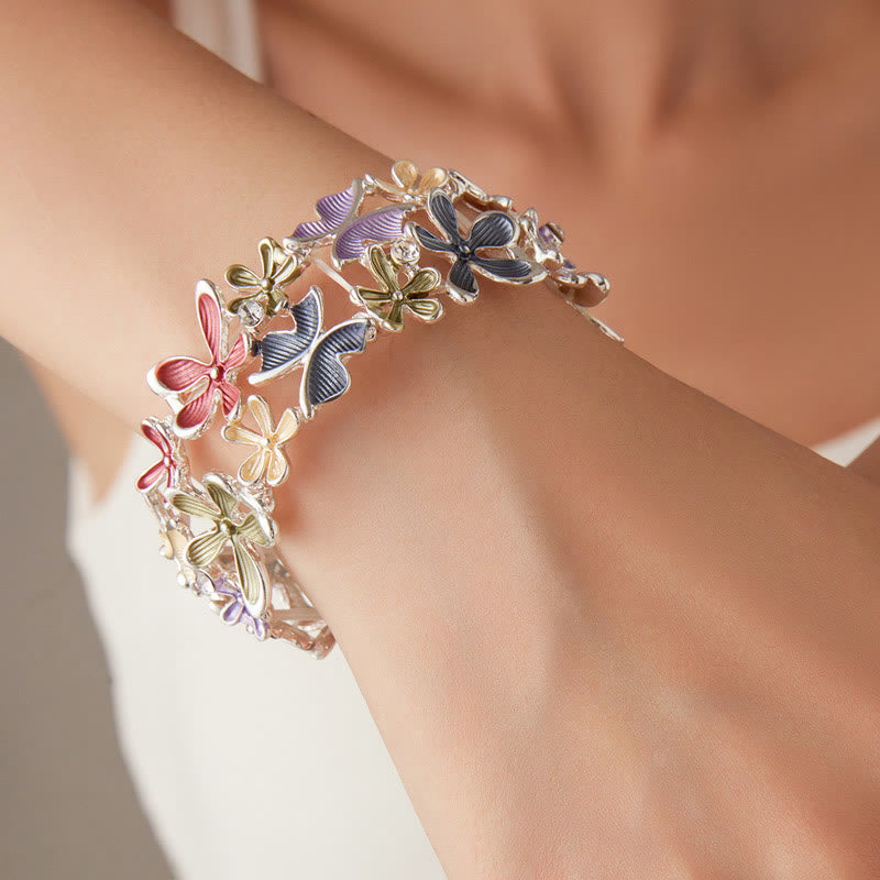 Buddha Stones Colorful Butterfly Flowers Love Alloy Elastic Bracelet Bangle