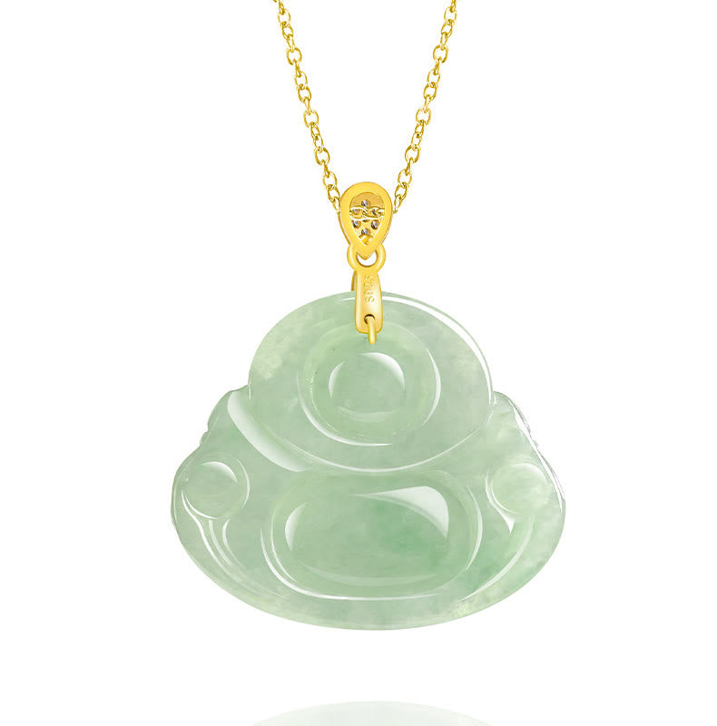Buddha Stones 925 Sterling Silver Natural Jade Laughing Buddha Luck Prosperity Chain Necklace Pendant