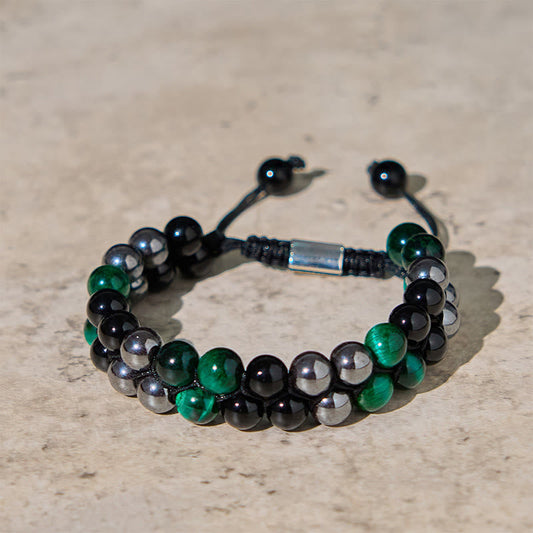 Buddha Stones Natural Green Tiger Eye Black Magnetite Black Obsidian Double Row Beads Positive Bracelet