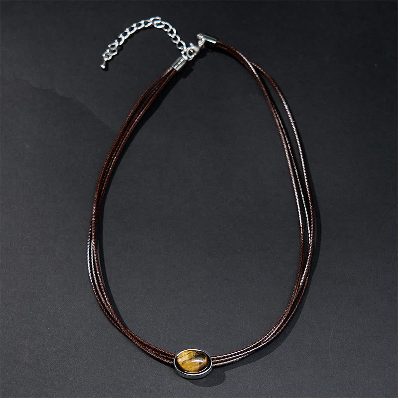 Buddha Stones Natural Tiger Eye Ellipse Protection Wax Rope Necklace Pendant