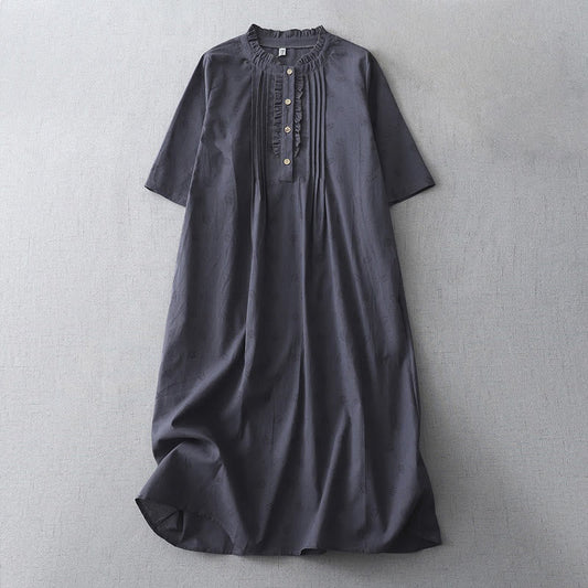 Buddha Stones Casual Retro Solid Color Button Ruffled Crew Neck Design Short Sleeve Cotton Linen Midi Dress With Pockets