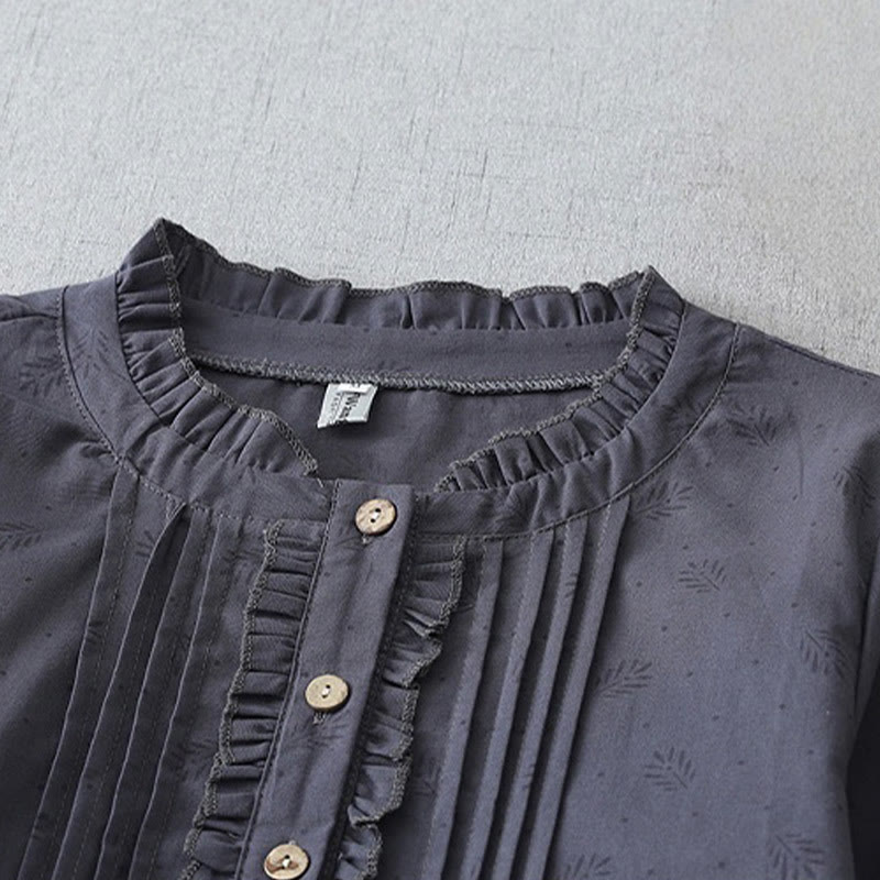 Buddha Stones Casual Retro Solid Color Button Ruffled Crew Neck Design Short Sleeve Cotton Linen Midi Dress With Pockets