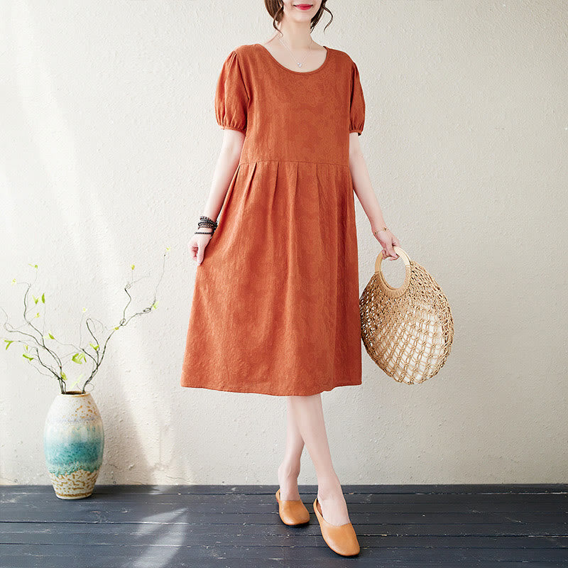 Buddha Stones Casual Solid Color Jacquard Crew Neck Short Puff Sleeve Cotton Linen Midi Dress