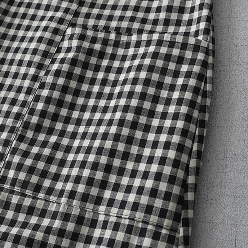 Buddha Stones Casual Vintage Plaid Pattern Lapel Short Sleeve Cotton Midi Dress With Pockets