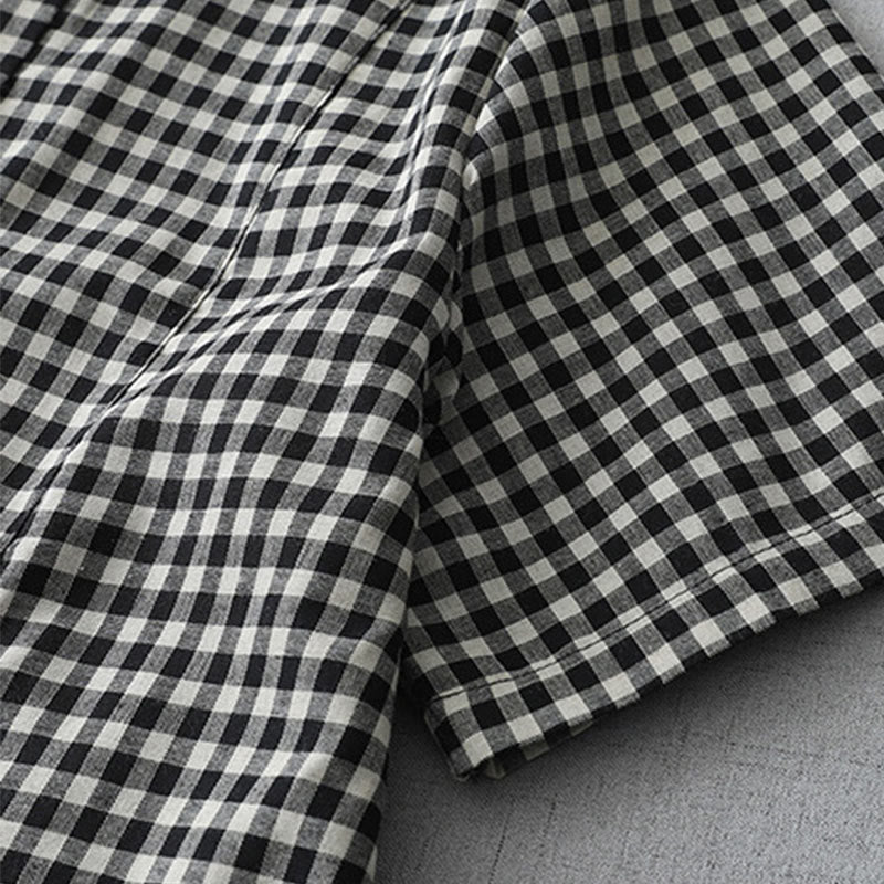 Buddha Stones Casual Vintage Plaid Pattern Lapel Short Sleeve Cotton Midi Dress With Pockets