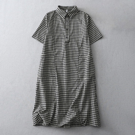Buddha Stones Casual Vintage Plaid Pattern Lapel Short Sleeve Cotton Midi Dress With Pockets