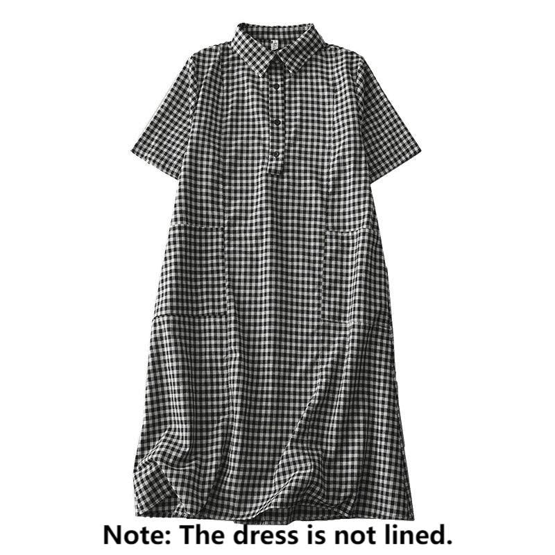 Buddha Stones Casual Vintage Plaid Pattern Lapel Short Sleeve Cotton Midi Dress With Pockets