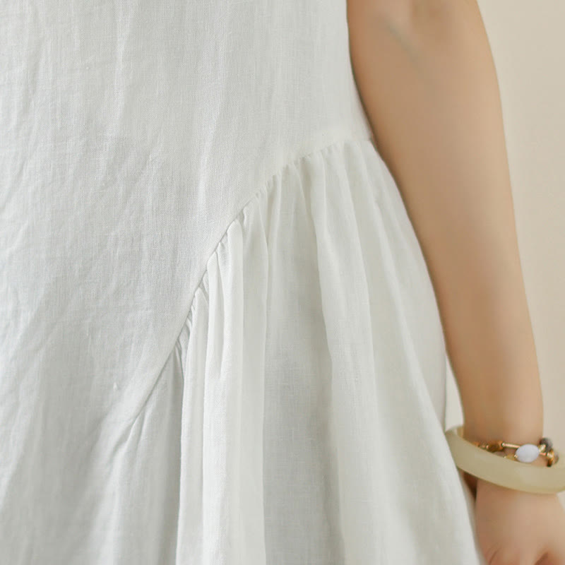 Buddha Stones FloralWhite Casual Back Buttons Design Sleeveless Cotton Midi Dress With Pockets