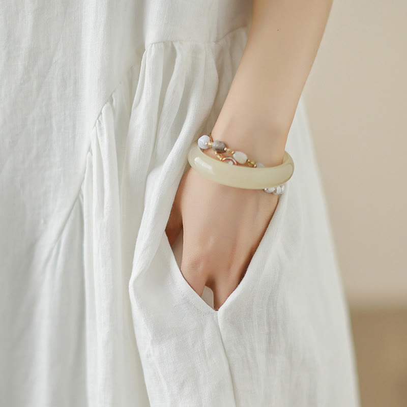 Buddha Stones FloralWhite Casual Back Buttons Design Sleeveless Cotton Midi Dress With Pockets
