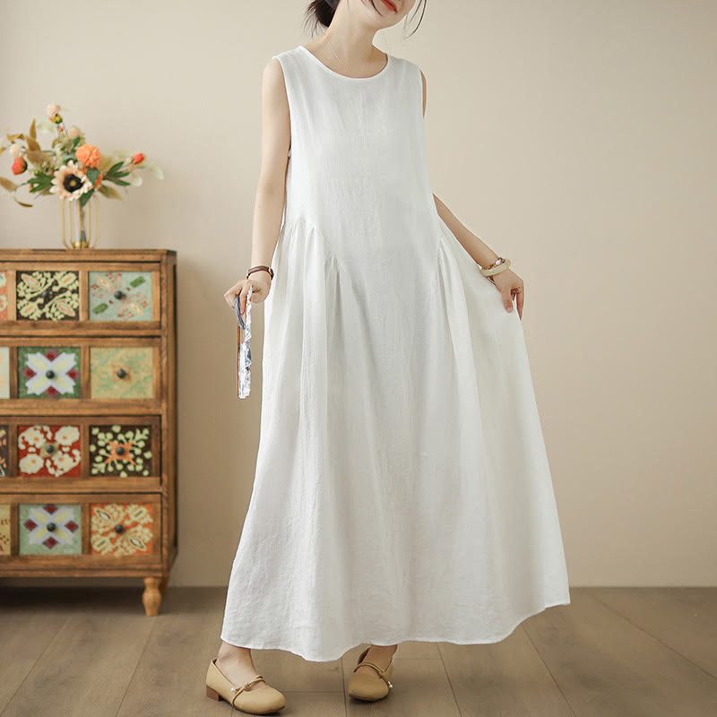 Buddha Stones FloralWhite Casual Back Buttons Design Sleeveless Cotton Midi Dress With Pockets