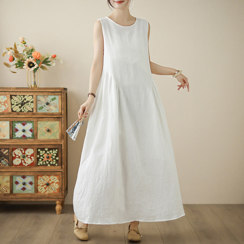 Buddha Stones FloralWhite Casual Back Buttons Design Sleeveless Cotton Midi Dress With Pockets