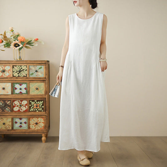 Buddha Stones FloralWhite Casual Back Buttons Design Sleeveless Cotton Midi Dress With Pockets