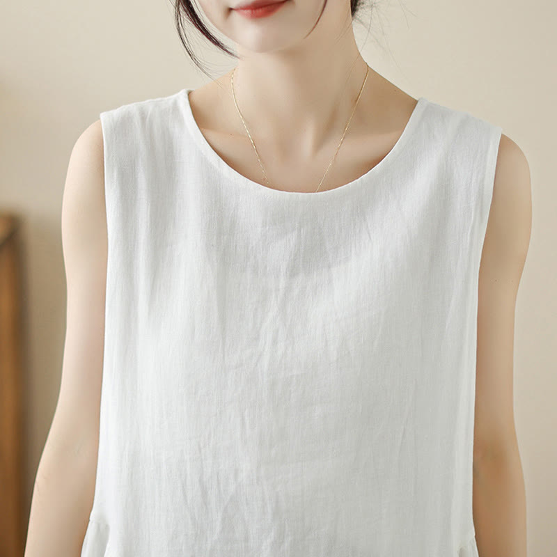 Buddha Stones FloralWhite Casual Back Buttons Design Sleeveless Cotton Midi Dress With Pockets