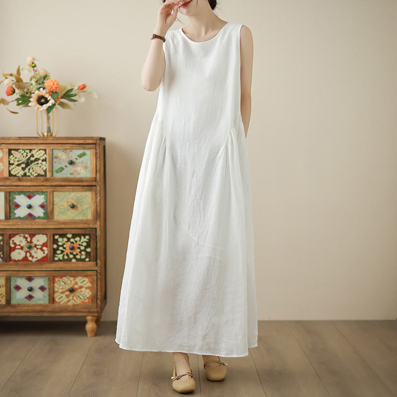 Buddha Stones FloralWhite Casual Back Buttons Design Sleeveless Cotton Midi Dress With Pockets
