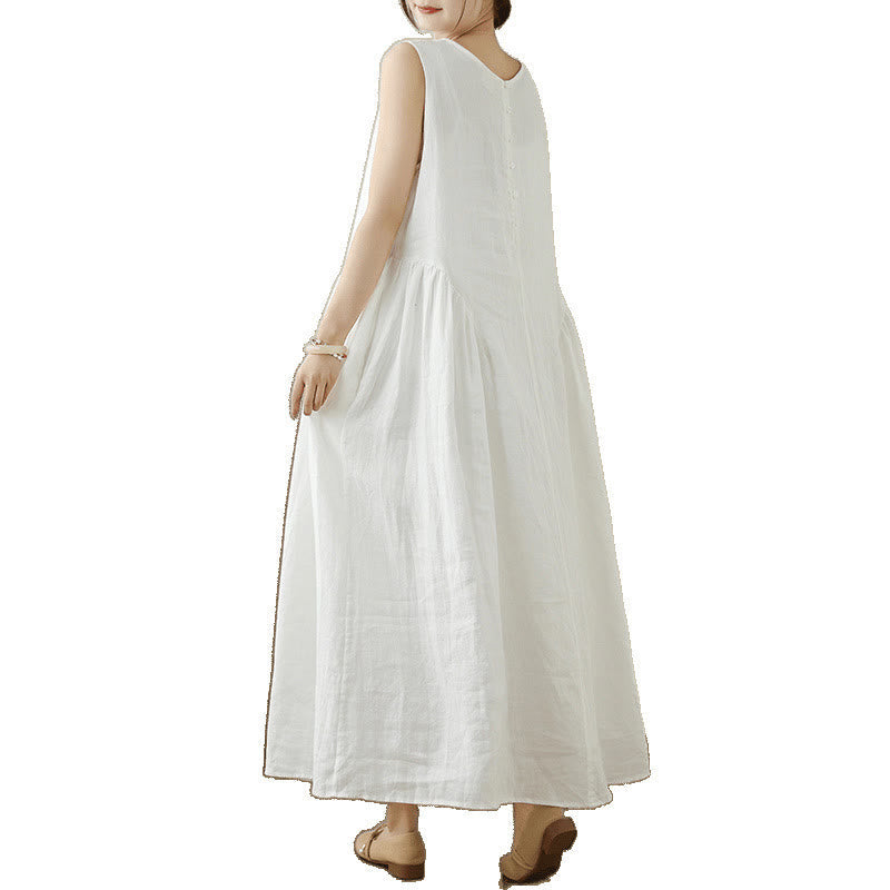 Buddha Stones FloralWhite Casual Back Buttons Design Sleeveless Cotton Midi Dress With Pockets
