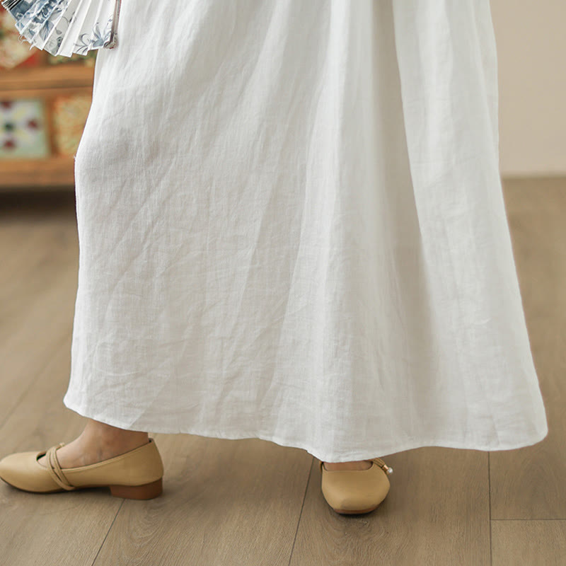 Buddha Stones FloralWhite Casual Back Buttons Design Sleeveless Cotton Midi Dress With Pockets