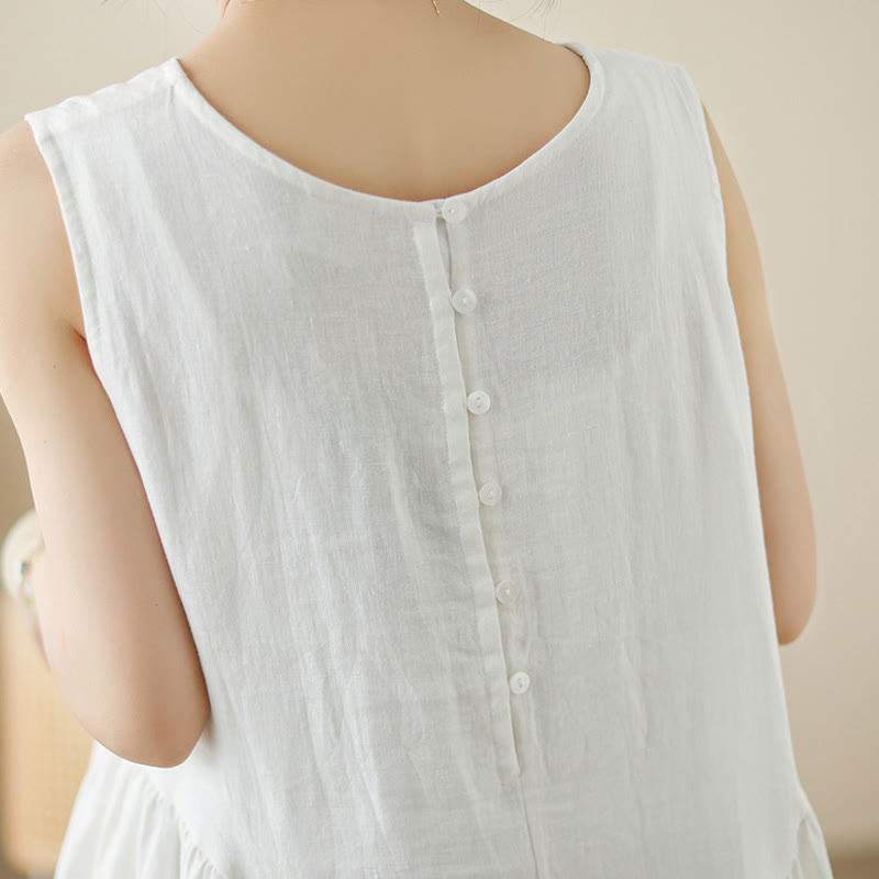 Buddha Stones FloralWhite Casual Back Buttons Design Sleeveless Cotton Midi Dress With Pockets