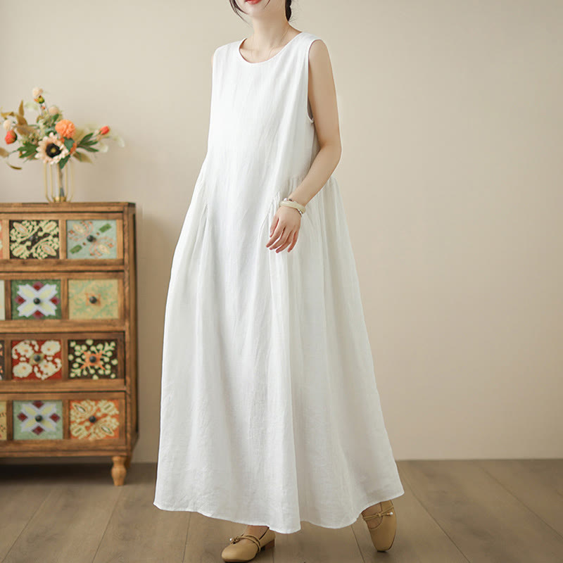 Buddha Stones FloralWhite Casual Back Buttons Design Sleeveless Cotton Midi Dress With Pockets