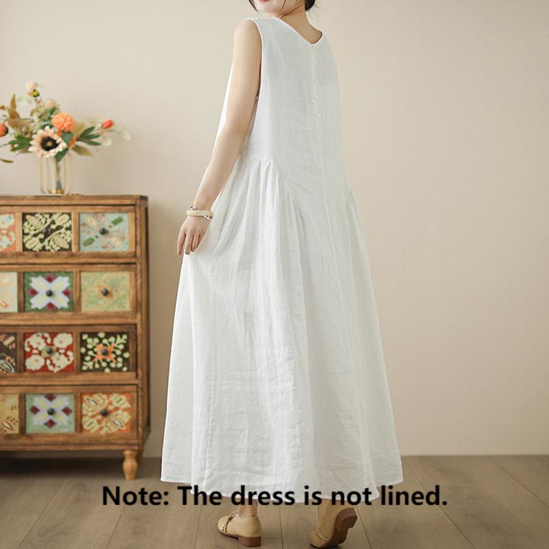 Buddha Stones FloralWhite Casual Back Buttons Design Sleeveless Cotton Midi Dress With Pockets