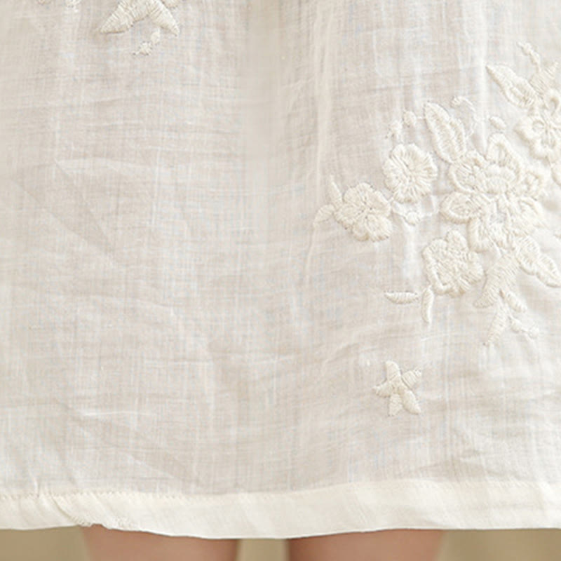 Buddha Stones Beige Casual Embroidery Three Quarter Sleeve Cotton Linen Midi Dress With Pockets