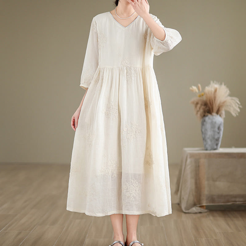 Buddha Stones Beige Casual Embroidery Three Quarter Sleeve Cotton Linen Midi Dress With Pockets