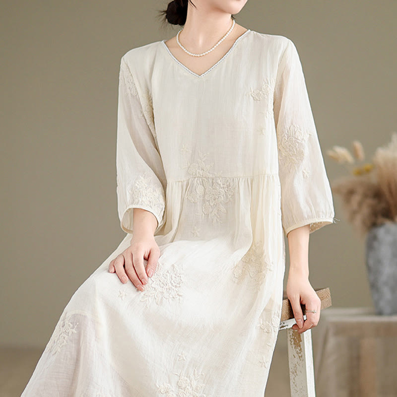 Buddha Stones Beige Casual Embroidery Three Quarter Sleeve Cotton Linen Midi Dress With Pockets