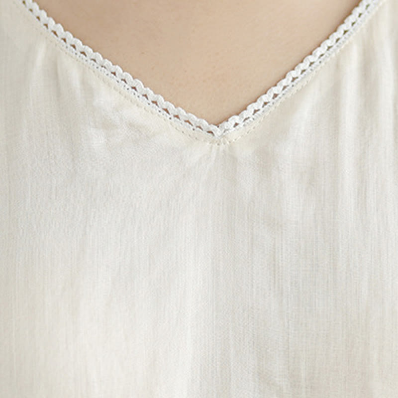 Buddha Stones Beige Casual Embroidery Three Quarter Sleeve Cotton Linen Midi Dress With Pockets