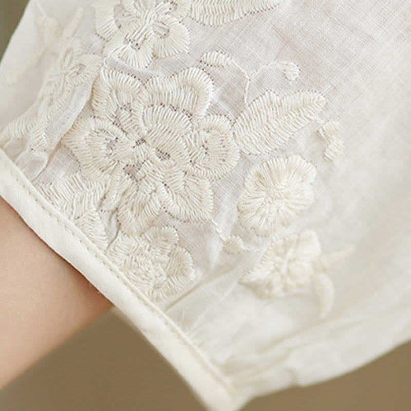 Buddha Stones Beige Casual Embroidery Three Quarter Sleeve Cotton Linen Midi Dress With Pockets