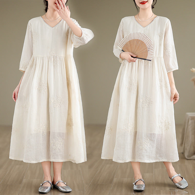 Buddha Stones Beige Casual Embroidery Three Quarter Sleeve Cotton Linen Midi Dress With Pockets