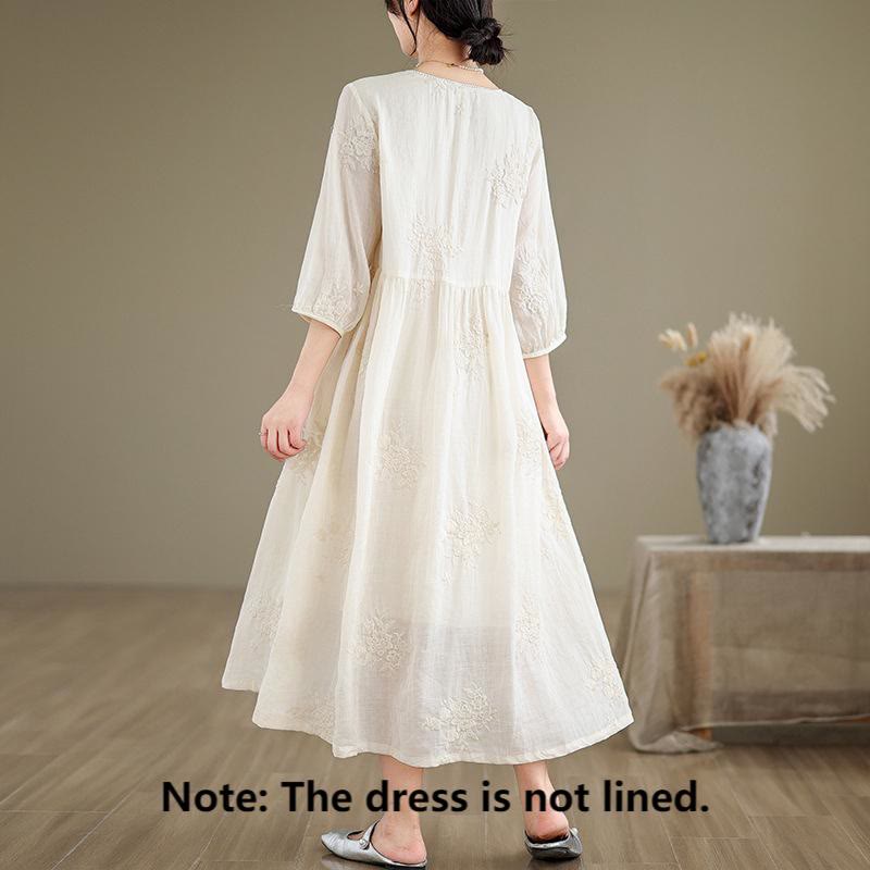 Buddha Stones Beige Casual Embroidery Three Quarter Sleeve Cotton Linen Midi Dress With Pockets
