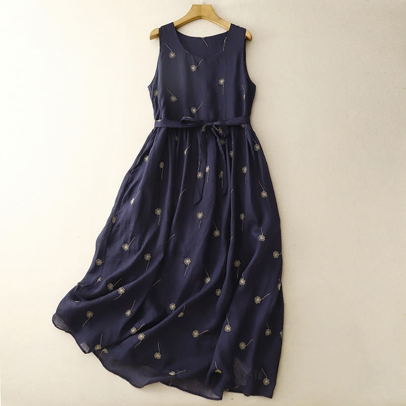 Buddha Stones MidnightBlue Printing Lace-Up Design Sleeveless Cotton Midi Dress With Pockets