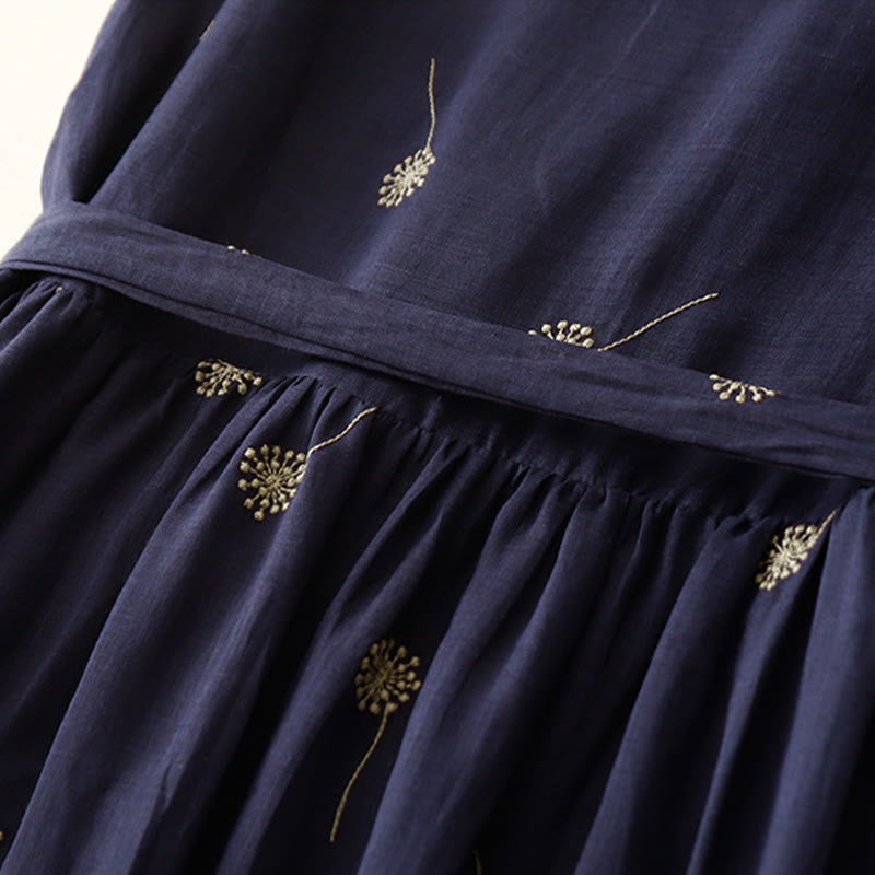 Buddha Stones MidnightBlue Printing Lace-Up Design Sleeveless Cotton Midi Dress With Pockets