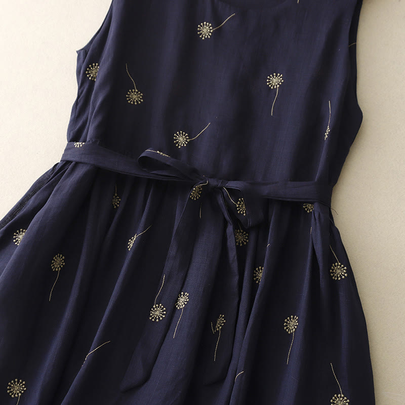 Buddha Stones MidnightBlue Printing Lace-Up Design Sleeveless Cotton Midi Dress With Pockets