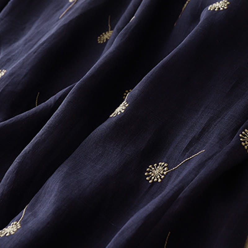 Buddha Stones MidnightBlue Printing Lace-Up Design Sleeveless Cotton Midi Dress With Pockets