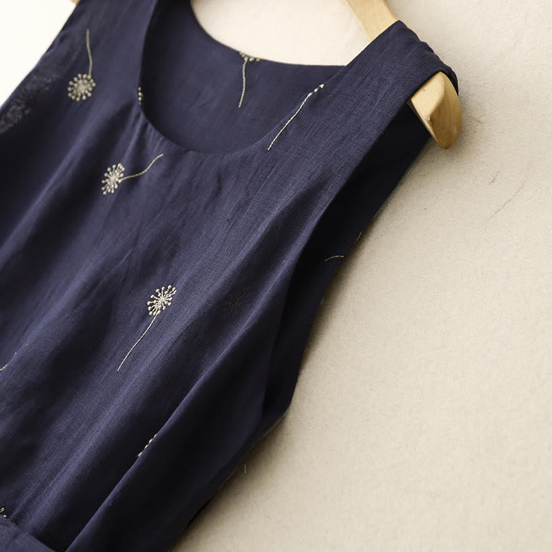 Buddha Stones MidnightBlue Printing Lace-Up Design Sleeveless Cotton Midi Dress With Pockets