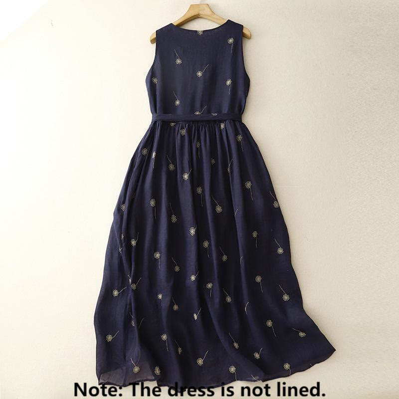 Buddha Stones MidnightBlue Printing Lace-Up Design Sleeveless Cotton Midi Dress With Pockets