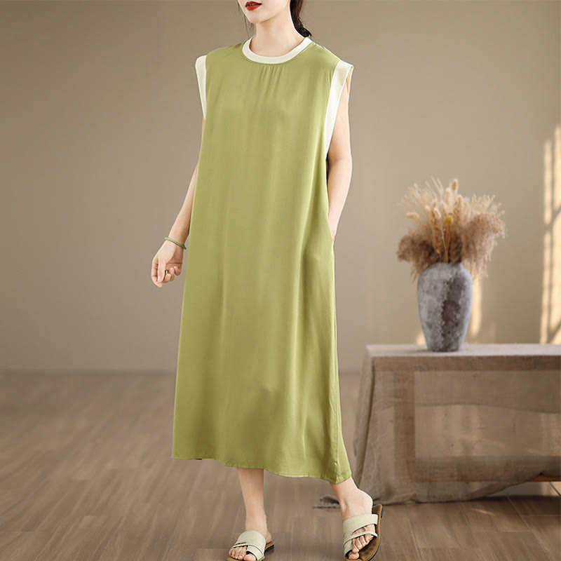 Buddha Stones Pure Color Slit Design Sleeveless Cotton Midi Dress With Pockets