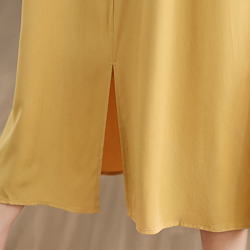 Buddha Stones Pure Color Slit Design Sleeveless Cotton Midi Dress With Pockets