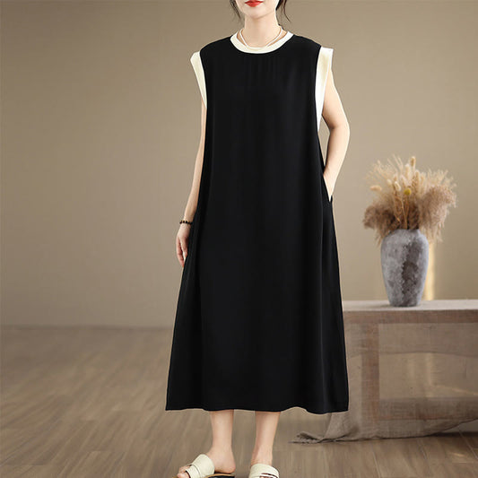 Buddha Stones Pure Color Slit Design Sleeveless Cotton Midi Dress With Pockets