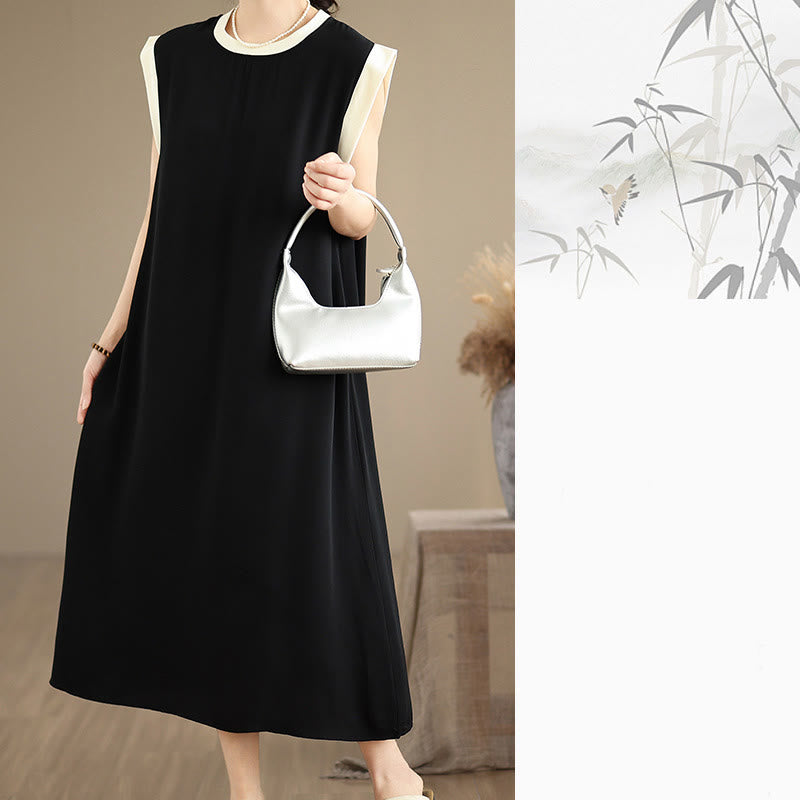 Buddha Stones Pure Color Slit Design Sleeveless Cotton Midi Dress With Pockets