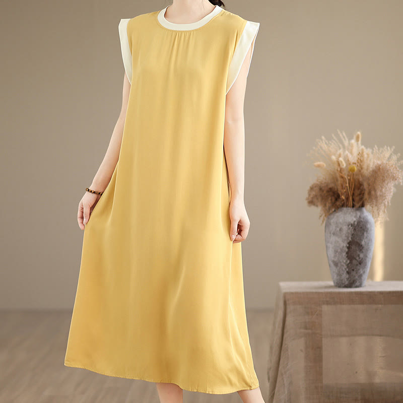 Buddha Stones Pure Color Slit Design Sleeveless Cotton Midi Dress With Pockets