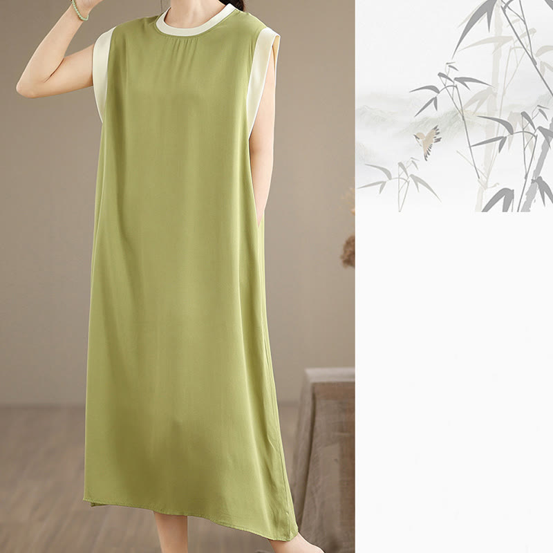 Buddha Stones Pure Color Slit Design Sleeveless Cotton Midi Dress With Pockets