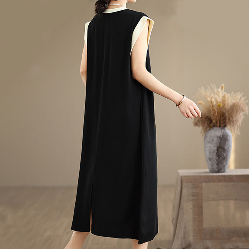 Buddha Stones Pure Color Slit Design Sleeveless Cotton Midi Dress With Pockets
