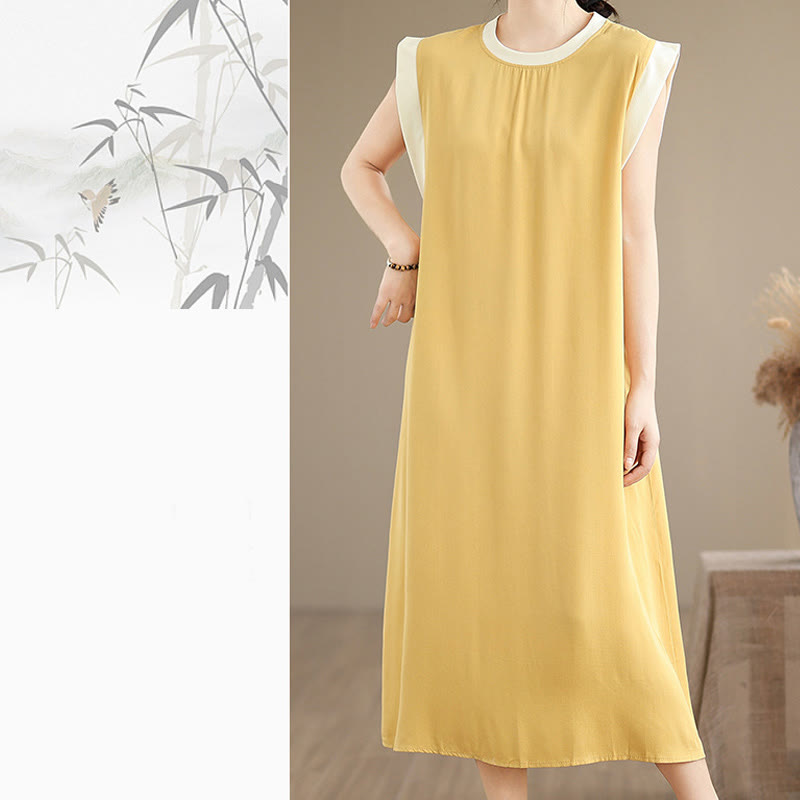 Buddha Stones Pure Color Slit Design Sleeveless Cotton Midi Dress With Pockets