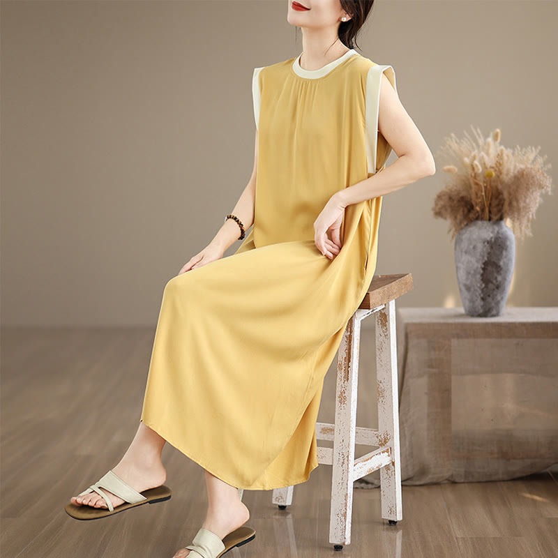 Buddha Stones Pure Color Slit Design Sleeveless Cotton Midi Dress With Pockets