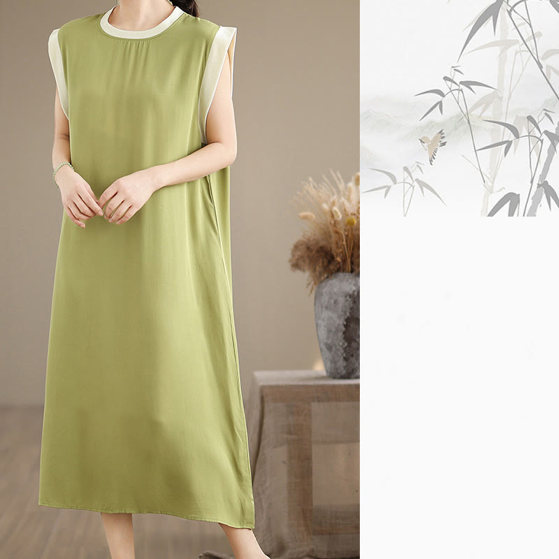 Buddha Stones Pure Color Slit Design Sleeveless Cotton Midi Dress With Pockets