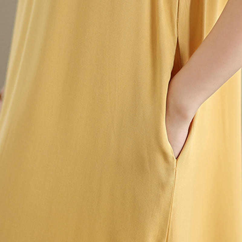 Buddha Stones Pure Color Slit Design Sleeveless Cotton Midi Dress With Pockets